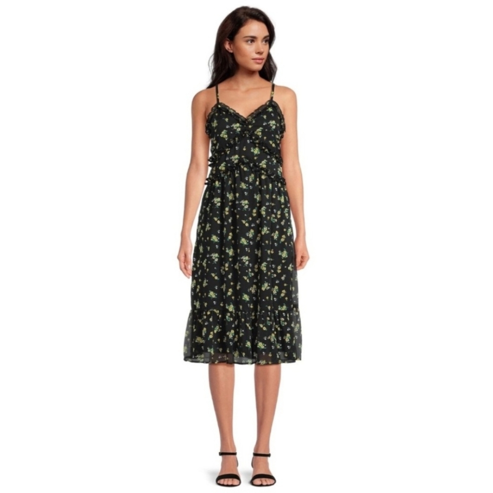 No Boundaries (Juniors L 11-13) Black Ditsy Floral Ruffle Midi Slip Sundress